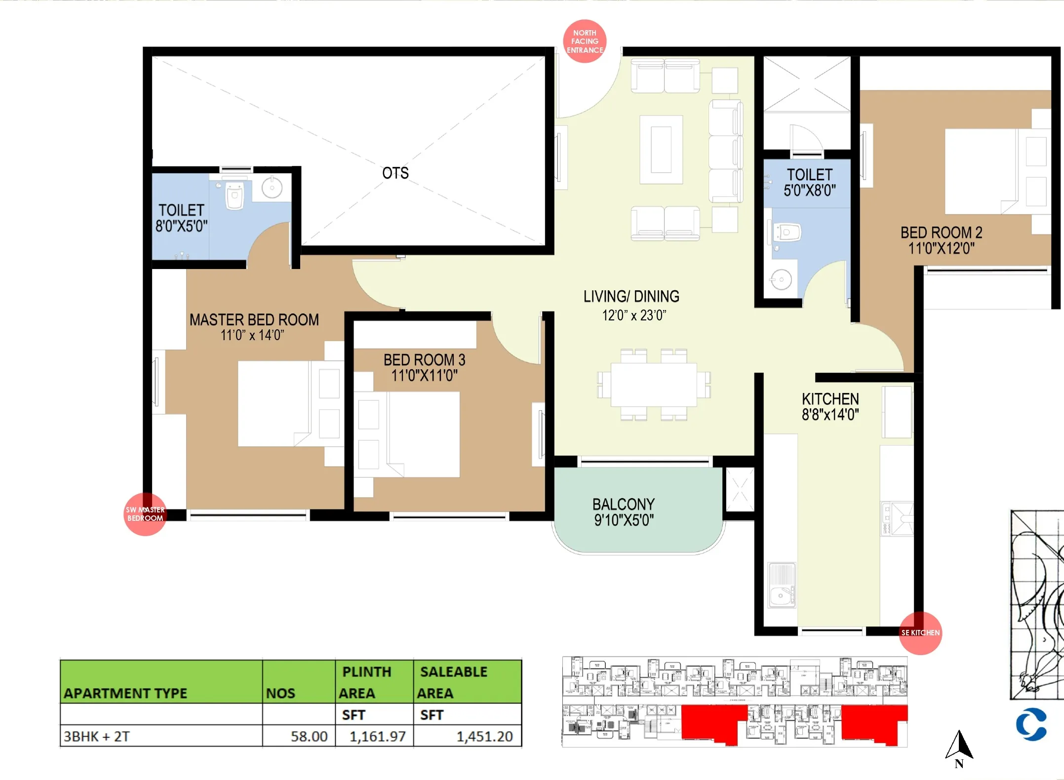 3 BHK 2T Floor Plan