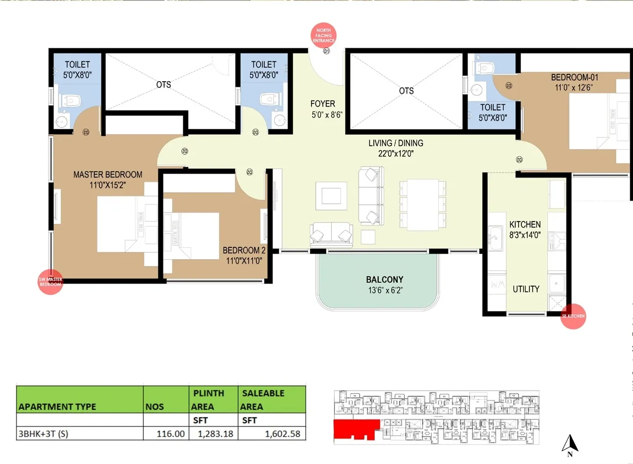 3 BHK 3T Compact Floor Plan